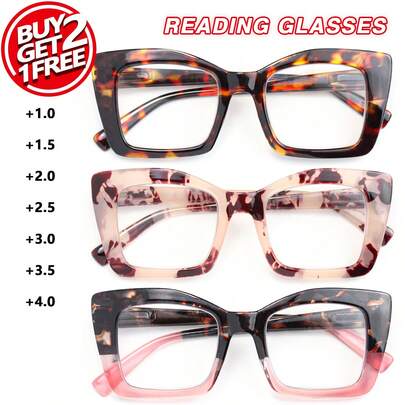 3 piezas Gafas de lectura de moda oversize para mujeres, con bisagras de resorte flexibles para un ajuste cómodo, multipack portátil, montura y lentes de PC duraderos, gafas de lectura prácticas y elegantes