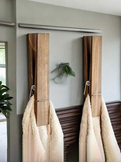 حامل منشفة خشبي كبير الحجم، مجموعة حامل منشفة مشبك كبير، لحمام، ديكور ريفي مثبت على الحائط، ديكور غرفة الغسيل متعدد الاستخدامات، رف منشفة أو خطاف، ديكور حائط للحمام