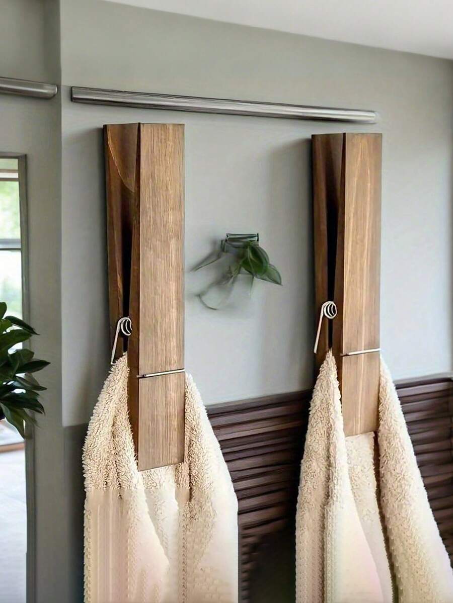 Giá treo khăn tắm kẹp quần áo khổng lồ, Bộ giá treo khăn bằng gỗ cỡ lớn, Dùng cho phòng tắm, Giá treo khăn treo tường trang trí theo phong cách trang trại, Trang trí giặt giũ đa năng tại nhà, Giá treo khăn hoặc móc treo, Phụ kiện phòng tắm trang trí tường - Nhiều màu - Xem 1