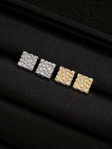 1 par de pendientes de botón cuadrados con textura geométrica vintage, pendientes de pepita chapados en oro de 18 quilates para hombres, pendientes de atuendo urbano, joyería diaria para hombres - Cuadrado - Ver 4