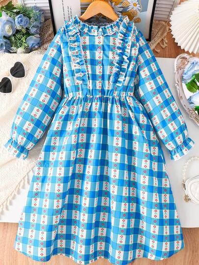 Girls' Spring/Autumn Fashion Sweet Elegant Long Sleeve Dress, Pleated Collar, Plaid & Floral Print, Ruffle Sleeve, Casual Maxi Dress For Older Kids
