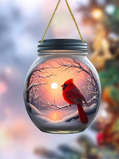 2PCS 2D Cardinal Acrylic Suncatcher - Round Mason Jar Design Globe Ornament Hanging Christmas Hanging Unique Style Snow Decoration Unique Design Christmas Style Hanging Pack Hanging From Ceiling Decorations For Living, Bedroom, Living Room, Windows, Doors And Garden Decorations, Christmas Decorations, Winter Decorations, Christmas Tree Pendants