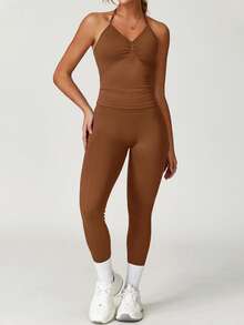 Yefecy 女士健身套装（2件套），露背背心和高腰褶皱无缝紧身裤，运动服 - 棕色 - 查看 6