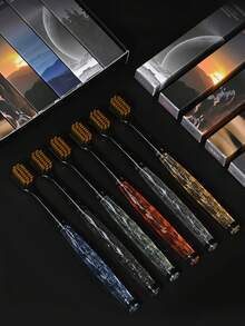 6 فرش أسنان فاخرة، مثالية للهدايا، مجموعة هدايا مكونة من 6 قطع، تجسد الفخامة البسيطة، شعيرات فائقة الليونة، تنظف الأسنان بشكل شامل، تعزز الصحة الفموية، تمنع التسوس، تحمي الأسنان، تبيض الأسنان، تصميم فرشاة أسنان فريد، مقبض ذو لون بلوري مع أنماط فنية، رأس واسع. مناسبة ل-: البالغين، عبوة عائلية، فرش أسنان للأزواج.