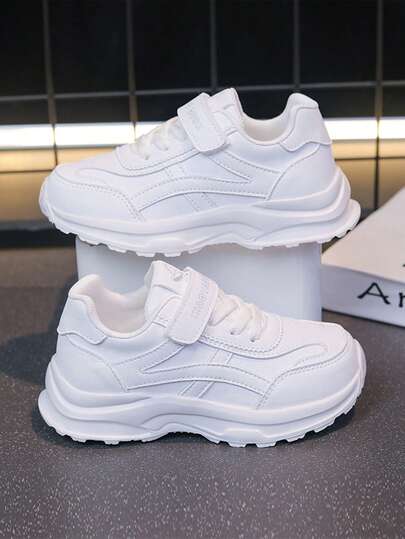 1双儿童透气网面系带低帮休闲运动鞋，舒适运动鞋，适合青少年男女，白色，春夏秋季