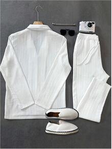 2025 Best  Men's 2 Piece Linen Suit Long Sleeve Button Down Shirt And Pants Sets Walking Suits - 白色 - 查看 7