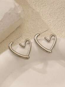 1 Pair Heart Shaped Hoop Earrings, High-End Earring Jewelry Gift For Valentine's Day, Women Everyday Wear - 銀色 - 查看 1