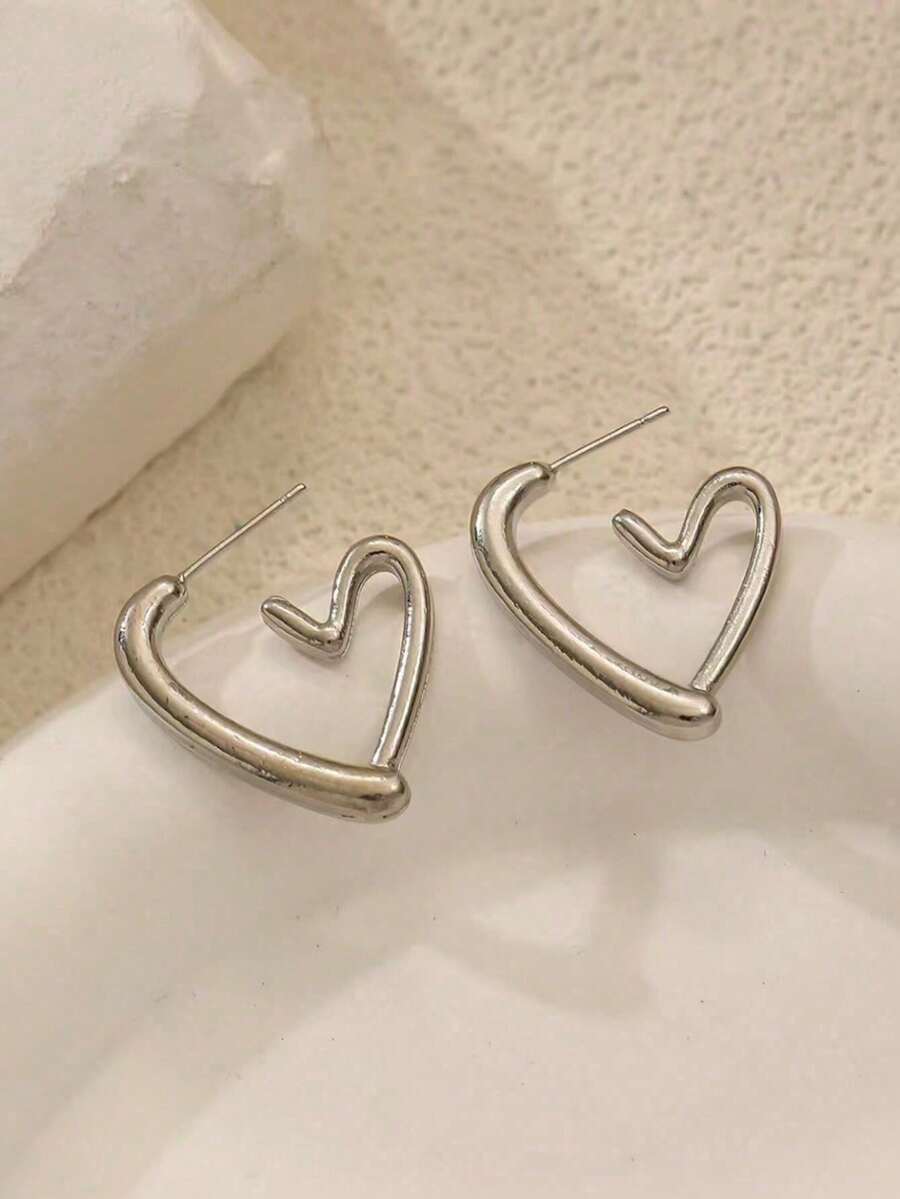1 Pair Heart Shaped Hoop Earrings, High-End Earring Jewelry Gift For Valentine's Day, Women Everyday Wear - 銀色 - 查看 1