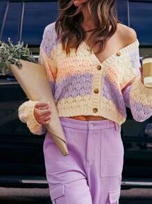 Women's Autumn Sweater Cardigan Long Sleeve V Neck Button Up Contrast Color Knitwear