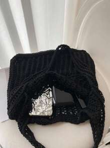 Leisure Large Capacity Woven Bag Hollow Design Knitted Shoulder Bag Holiday Beach Shopper Tote For Women Travel Women Crochet Tote Bag Hollow Beach Bag Large Capacity Fashion Knitted Bag Solid Color Simple Shopping Bag For Travel Vacation