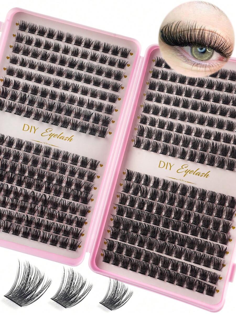 384pcs/Set D捲假睫毛簇，睫毛手冊，睫毛長度8-16mm，可自定義組合，自然蓬鬆貓眼效果假睫毛簇，假睫毛簇，單根假睫毛，假睫毛，假睫毛