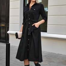 Women's Solid Color Long Sleeve Single-Breasted Pocket Casual Shirt Dress - Black - View 6