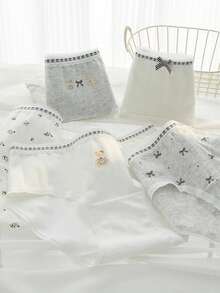 5件套可爱蝴蝶结和熊印花纯棉低腰内裤，适合青少年/年轻女性