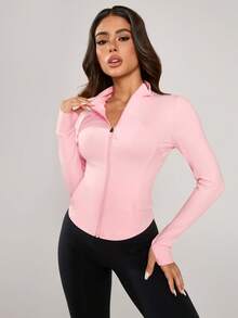 NcmRyu 1 Áo khoác thể thao tay dài có khóa kéo thời trang dành cho nữ, màu trơn co giãn ôm vừa vặn, tôn dáng, áo khoác tay dài mềm mại và thoải mái dành cho nữ - Hồng - Xem 8