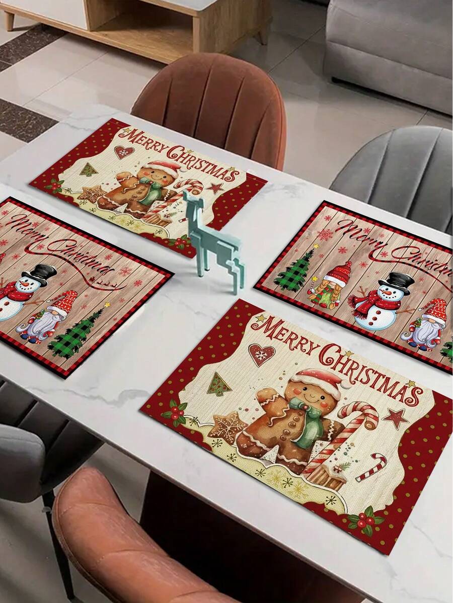 4 Pieces Of Christmas Gingerbread Man PVC Woven Placemats For The Christmas Tree, Reusable And Washable, Farmhouse Winter Christmas Holiday Family Kitchen Table Decoration Placemats.