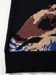 秋冬新款男士街头美式提花图案圆领休闲宽松插肩袖套头针织衫，男女通用