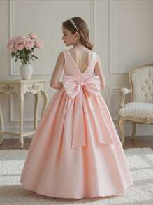 Tween Girl Elegant Backless V-Neck Bow Floral Dress, Princess Gown Suitable For Girls Wedding, Party, Birthday, Communion, Special Occasions - Pink - View 1