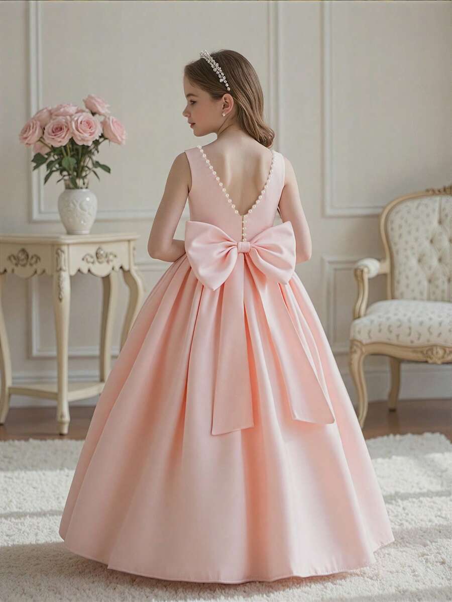 Tween Girl Elegant Backless V-Neck Bow Floral Dress, Princess Gown Suitable For Girls Wedding, Party, Birthday, Communion, Special Occasions - Pink - View 1