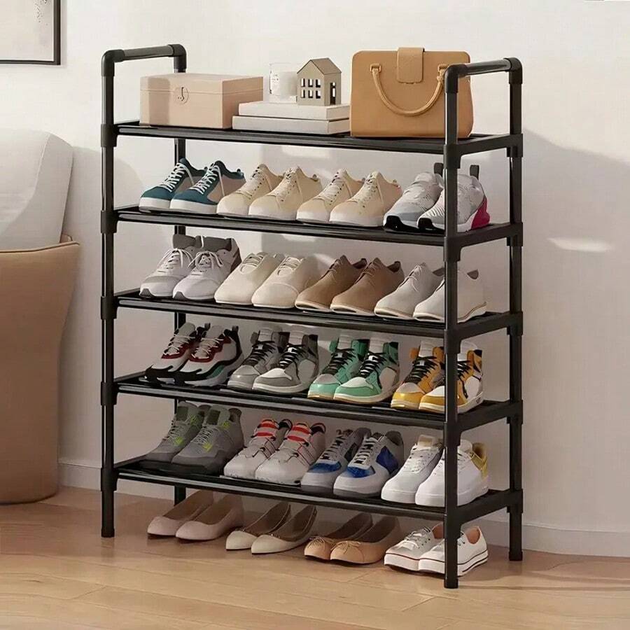 Hanger Organizer With Shoe Rack, RV, With 5 Layers Of Shelves, Detachable Hooks, Independent Clothing And Shoe Rack, Suitable For Front Door Entrance, Used For Storing Clothes, Shoes, Hats, Bags, Umbrellas - 5層黑色鞋架 - 查看 1