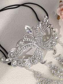 4pcs Masquerade Mask Necklace And Earring Set For Women Luxury Rhinestone Elegant Butterfly Design Blindfold For Ball Party - Silver - View 7