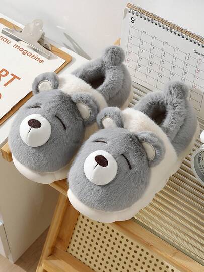 نعال منزلية من القطيفة بشكل دب كرتوني، سميكة الأسفل، بطانة دافئة، للاستخدام الداخلي والخارجي، للجنسين
