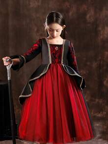 Girls' Halloween Black Dress Long Skirt, Witch Party Tulle Dress - Red - View 4
