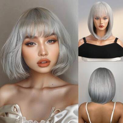 Bob Wig Cute Party Grey Short Straight Synthetic Wig For Women Fashion Natural Looking Hair Replacement Wigs For Party Cosplay Halloween Daily Wear