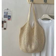 Túi dệt bằng sợi cotton dung tích lớn, túi đan rơm khoét rỗng kiểu mới, túi đeo vai đơn giản, túi đi biển du lịch, túi nữ. - Nhiều màu - Xem 11