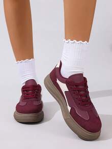 女式复古厚底系带休闲运动鞋，春秋季 - 酒紅色 - 查看 7