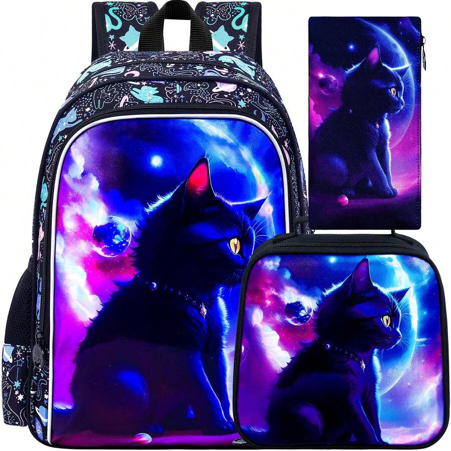 3件套儿童背包，16英寸可爱猫咪图案小学背包，幼儿园书包和午餐盒 - 雙肩背包 - 查看 1