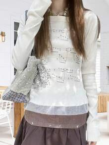Women T-Shirt Long Sleeve Boat Neck Music Note Print Patchwork Slim Fit Ladies Tops Streetwear