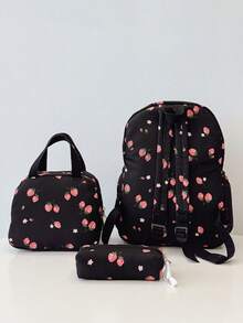 3pcs Backpack Set - Fashionable Large Capacity Backpack + Lunch Bag + Pencil Case, With Laptop Compartment, Strawberry Pattern Backpack, Adjustable Shoulder Straps And Spacious Multi-Pockets - Lightweight Zipper Bags, Suitable For Women/Girls/Students/Teens/Graduates, Perfect For Outdoor/Travel/Middle School/High School/College - Black - View 9