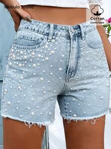 Quần short denim đính ngọc trai giả thời trang cỡ lớn dành cho nữ, thích hợp mặc vào mùa xuân/hè, mặc hàng ngày, tiệc sinh nhật, du lịch, biểu diễn sân khấu, sân bay - Màu xanh lam - Xem 4