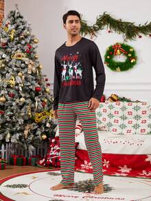 2 pezzi/Set Pigiami natalizi coordinati per la famiglia, motivo divertente di renne e fiocchi di neve, girocollo, maniche lunghe, pantaloni, set di pigiami casual comodi, pigiami per feste natalizie, autunno/inverno - nero - Visualizzare 5