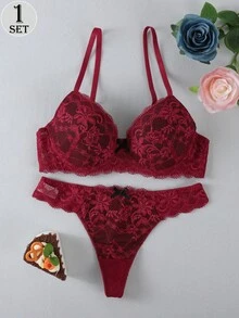 1 Set Lace Sexy Push-Up Bra, Anti-Sagging - Red - View 1