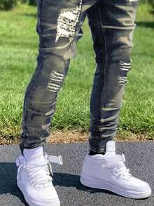 1 件卡其色男士修身弹力破洞街头工装慢跑休闲透气纯色厚牛仔裤，适合城市散步、亲子户外活动 - 卡其色 - 查看 3