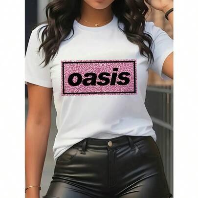 Women'S Casual Black T-Shirt With Pink & White "Oasis" Print - Short Sleeve, Crew Neck, Stretchy Polyester Blend, Perfect For Spring/Summer, Everyday Tshirt | Relaxed Fit Shirt | Comfortable Fit It Is Preferred With Jeans, Slacks, And Beach Pants