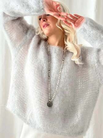 Women's Pearl Gray Mohair Blend Sweater | Plush Soft Lightweight Pullover For Fall Winter | Cozy Long Sleeve Top For Chilly Days