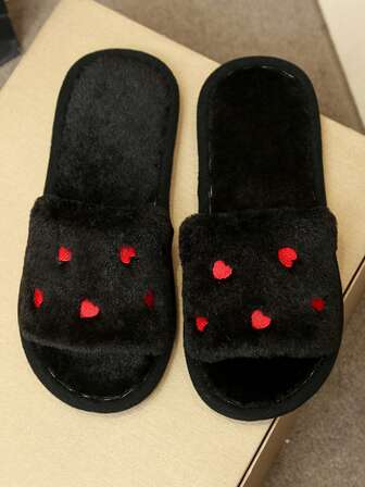 Hjärtbroderade damtofflor, moderiktiga och söta fluffiga slip-on-tofflor, öppen tå utomhuskläder, varma höst-/vintertofflor, postpartum-tofflor