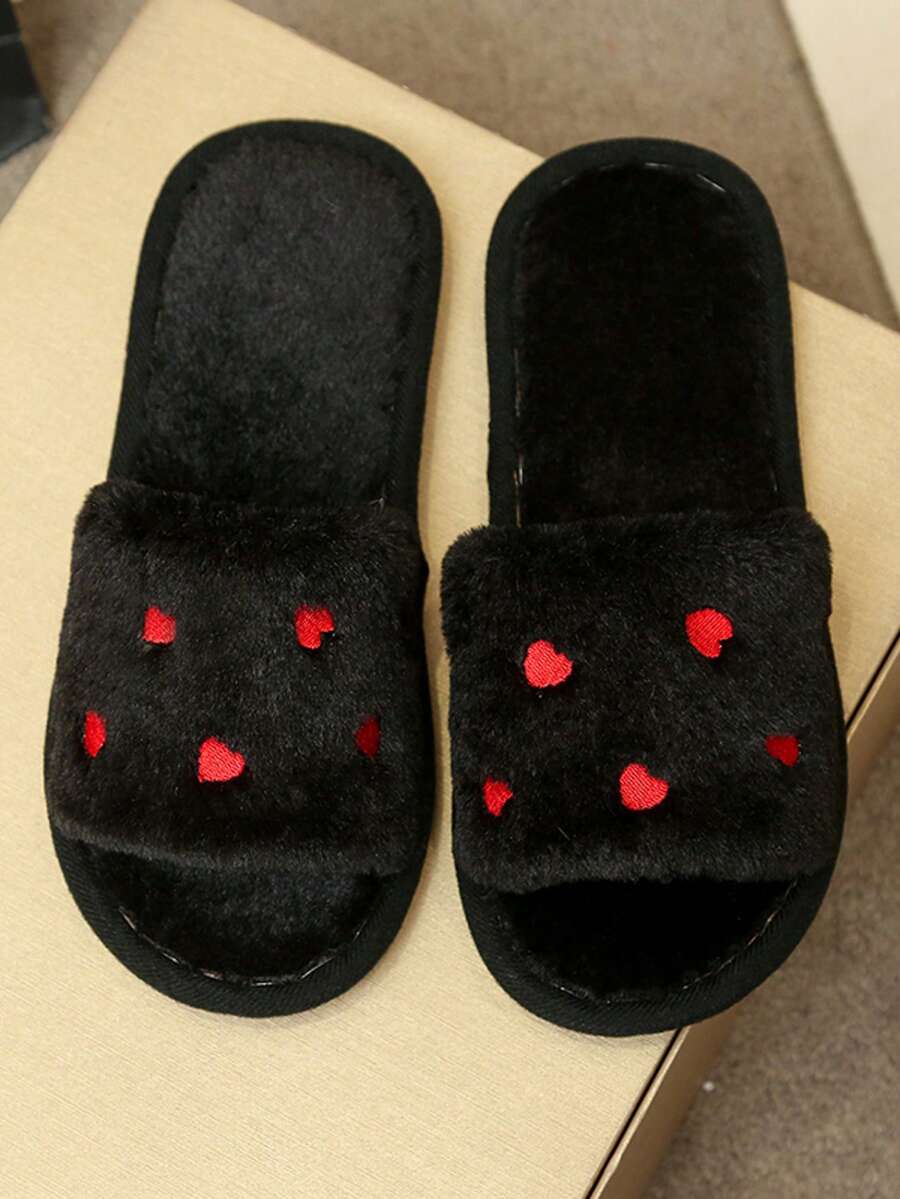 心形刺绣女士家居拖鞋，时尚可爱蓬松一脚蹬拖鞋，露趾户外服装，保暖秋冬拖鞋，产后拖鞋 - 黑色 - 查看 1