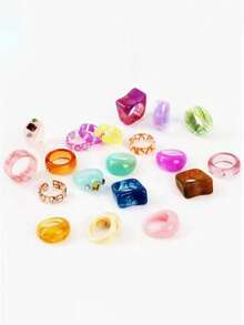 Un conjunto de 20 anillos de resina de moda y diversos de estilo europeo y americano, adecuados para el uso diario en otoño e invierno, un regalo para amigos - Multicolor - Ver 2