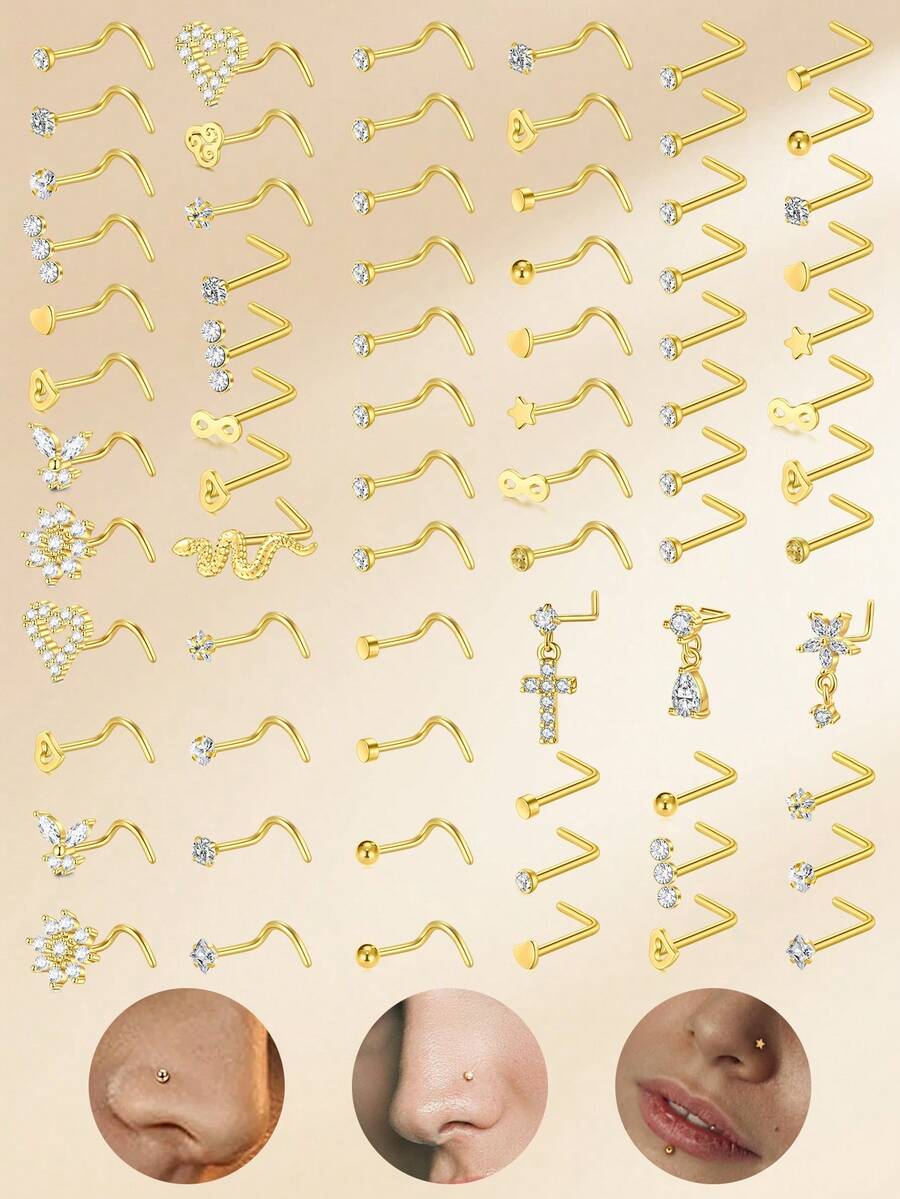 16pcs Funky Stainless Steel Heart Flower Cubic Zirconia Nose Studs For Women For Daily Decoration, 20G Gold Nose Rings Studs Nose Piercing Jewelry Nose Rings 8mm Nose Studs Earrings Studs