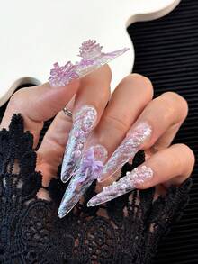 40mm Unghie finte a stiletto extra lunghe fatte a mano, punte per unghie multicolore con fiocco, perle e accessori floreali, unghie sfumate a occhio di gatto glitterate, combinazioni creative di motivi Y2K, design a blocchi di colore 3D, unghie finte lucide e complete, 10 pezzi/confezione