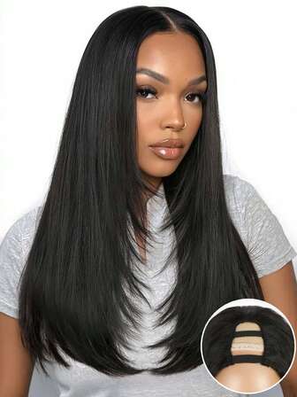 U Part Layered Straight Long Black Wig For Women Wigs Glueless Full Wig Synthetic Wear And Go None Lace Hair Heat Resistant Natural Hair For Party Or Costume Full Black Wigs
