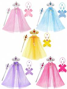 7pcs/Set Ice Princess Crown Headband, Star Print Cape, Heart Magic Wand, Necklace, Ring, Earrings, Bag, Cosplay Princess Accessories