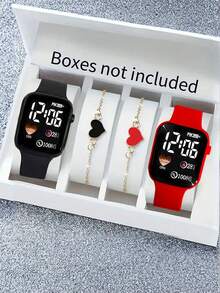 4件套时尚可爱情侣数字手表和心形手链套装，适合学生及各种场合佩戴