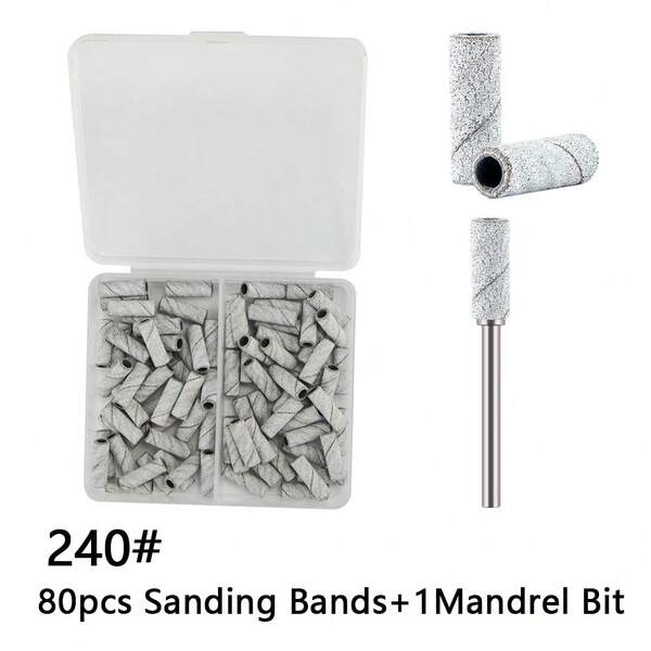 80pcs Upgrade Design Sanding Bands Nail Drill Bits With Mandrel Bits Set Small Nail Sanding Files For 240 Grits For Acrylic Nails Gel Removing Shaping, Manicure Nail Salon Tool