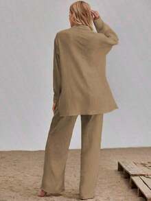 Women's Two-Piece Suit, Consisting Of Palazzo Pants + Long-Sleeved Blouse, With Adjustable Belt And Pockets, Made Of High-Quality Fabric, With Very Good Texture. - Màu Khaki - Xem 4