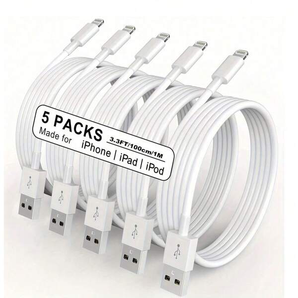 5 peças/conjunto 1m/3,3pés Cabo USB Extra Longo para Carregamento Rápido e Sincronização de Dados Compatível com 14 Plus/13/12/11 Pro Max/Mini/XS MAX/XR/XS/X/8/7/6 Plus iPad
