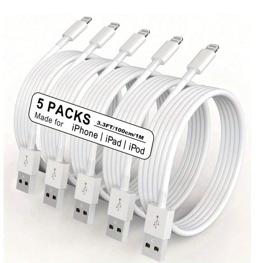 5pcs/Set 1m/3.3ft Extra Long Fast Charging & Data Sync USB Cable Compatible With IPhone 14 Plus/13/12/11 Pro Max/Mini/XS MAX/XR/XS/X/8/7/6 Plus IPad